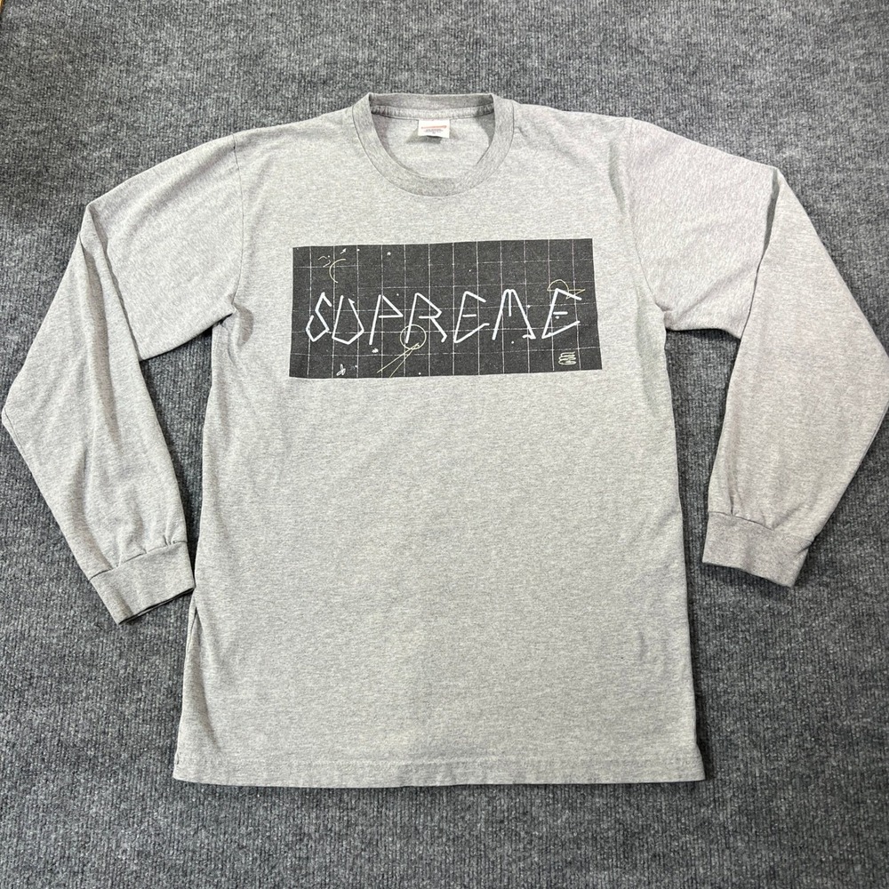 Supreme Blade Grid Long Sleeve T-Shirt Mens Medium Heather Grey Streetwear Tee